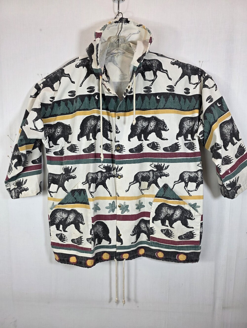 Vintage Michigan Rag Co Bear Moose Hooded Canvas Jacket L/XL AOP Cabin Distresse
